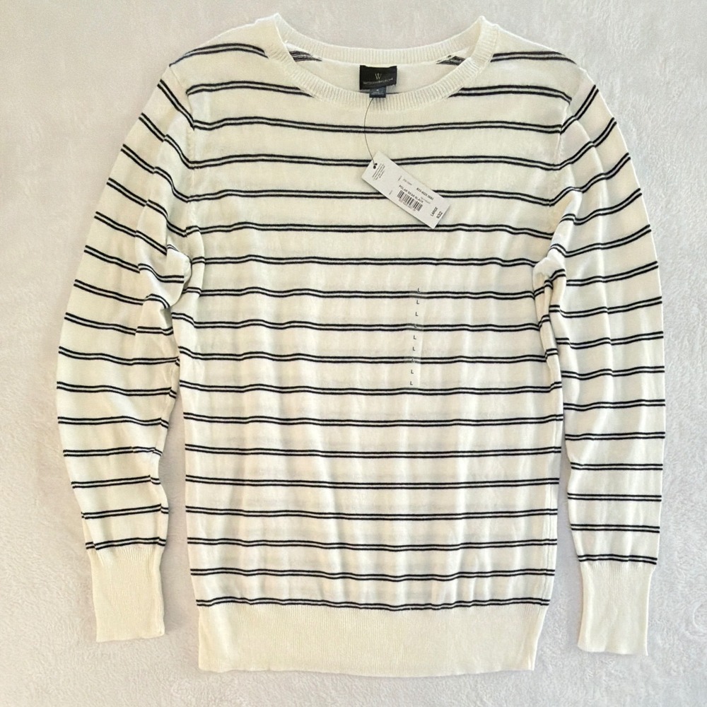 Worthington Women Polar Bear Black Striped Crewneck Sweater Large NWT